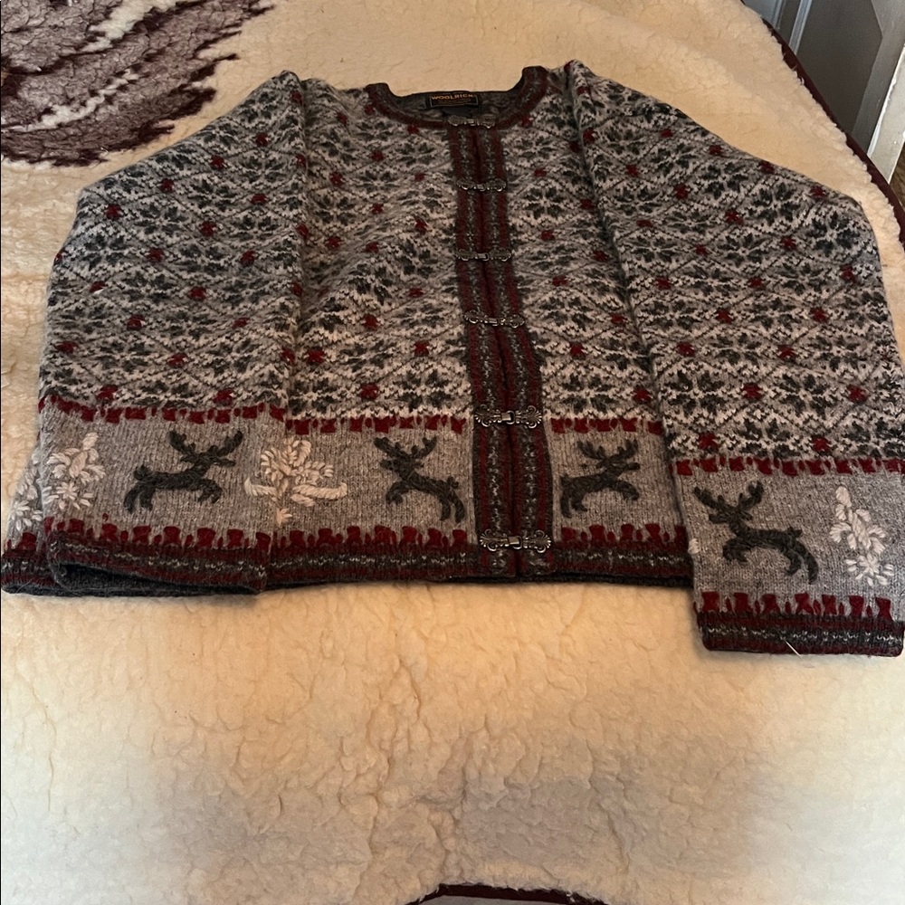 Woolrich Gray and Burgundy Reindeer Cardigan